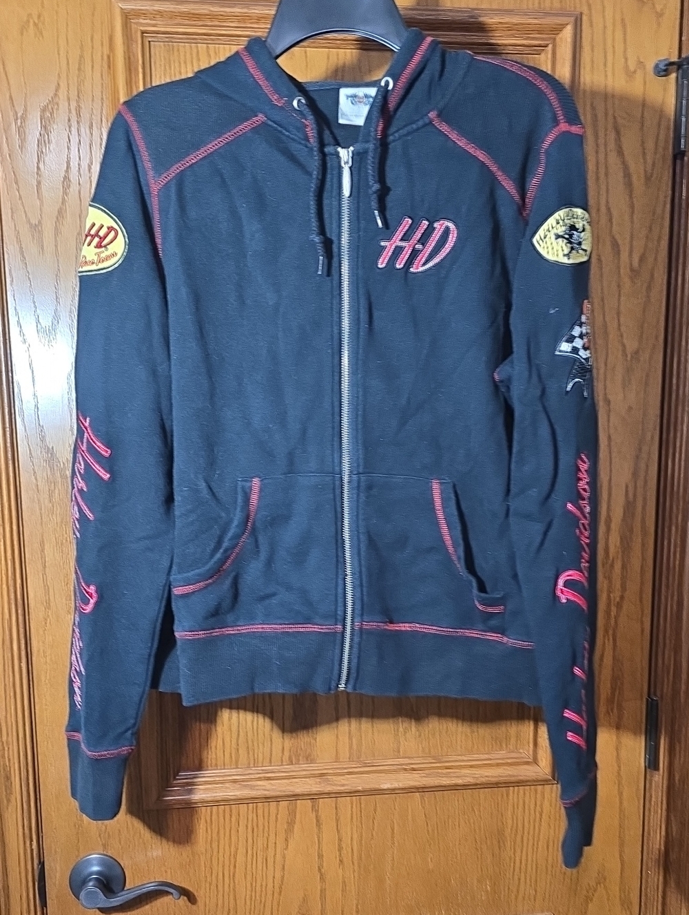 PBlack Harley-Davidson Zip-Up Hoodie Jacket with Several Patches And Embroidry